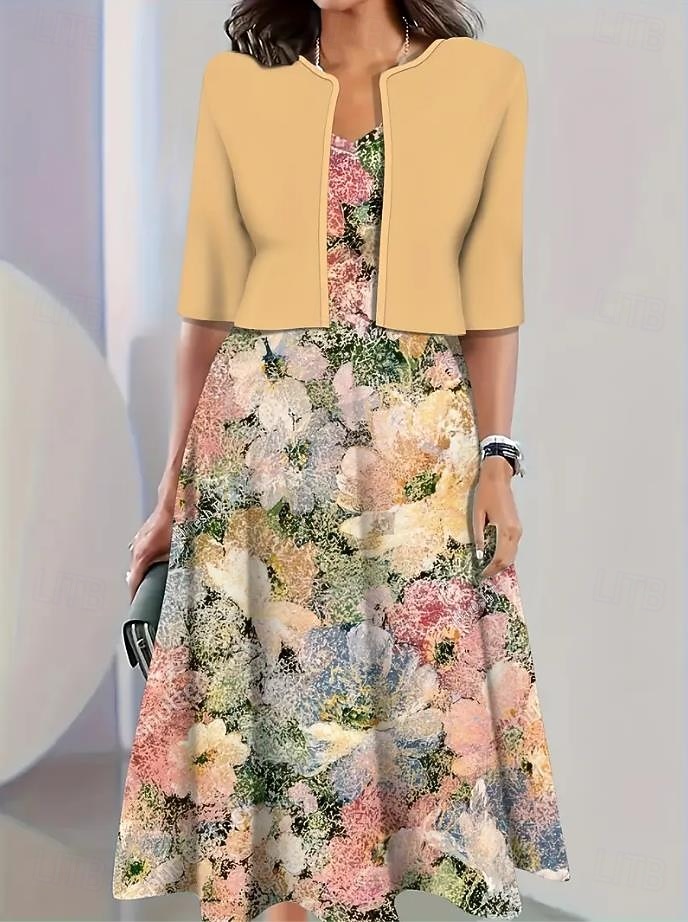 Pentru femei Set de rochii Rochie A line Casual Rochii Semi Formale Floral Grafic Imprimeu Rochii Midi Manșon Jumate Stil Nautic Vacanță Dată Galben Albastru piscină Bej Vară Primăvară Fit regulat 2025 - $36.99 –P2