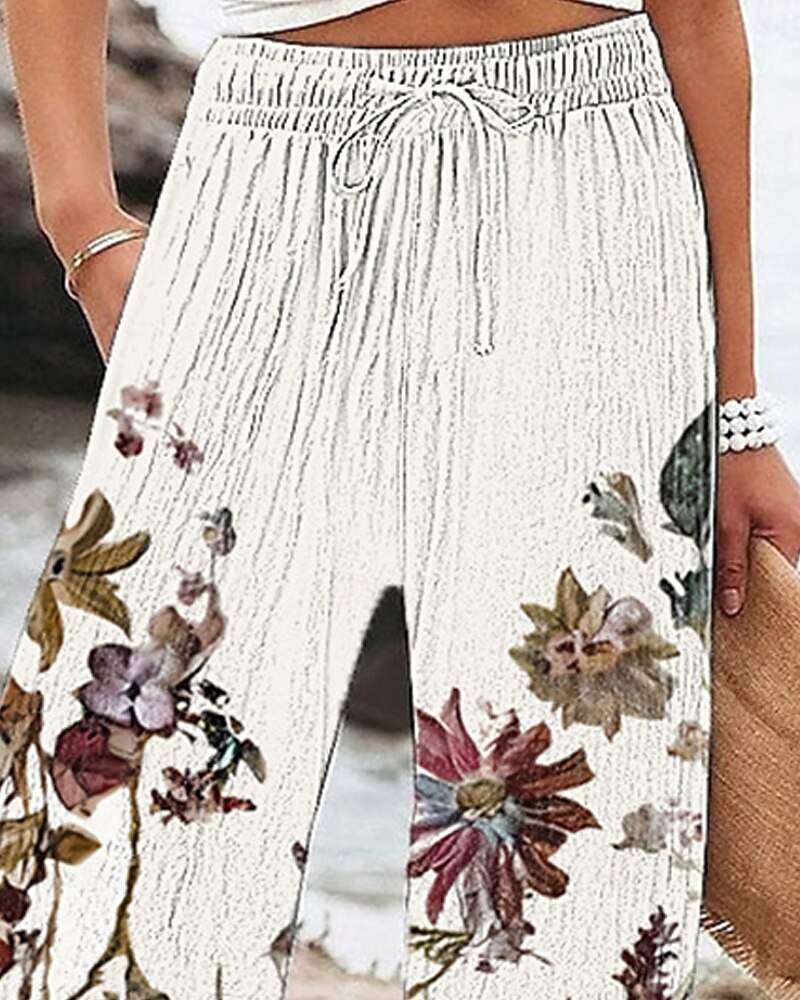 Dam Brett skaft Byxor Palazzo byxor Mode Boho Fullängd Hög midja Blomma Snörning Elastisk midja Mönster Mateial som andas Bekväm Gata Dagliga kläder Utekväll Vit Vår Höst Normal 2025 - $20.99 –P2