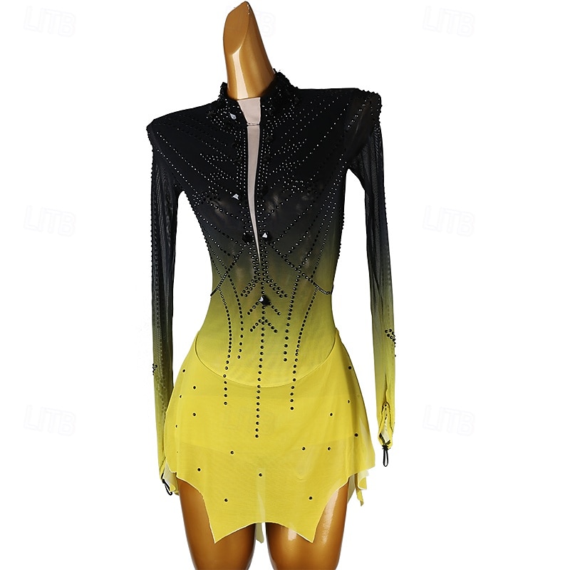 Rochie de Patinaj Artistic Pentru femei Fete Πατινάζ στο πάγο Rochii Albastru Negru / Galben Peteci Deschide Înapoi Plasă Spandex Înaltă Elasticitate Antrenament Profesional Competiție Ținută Patinaj 2025 - $229.49 –P3