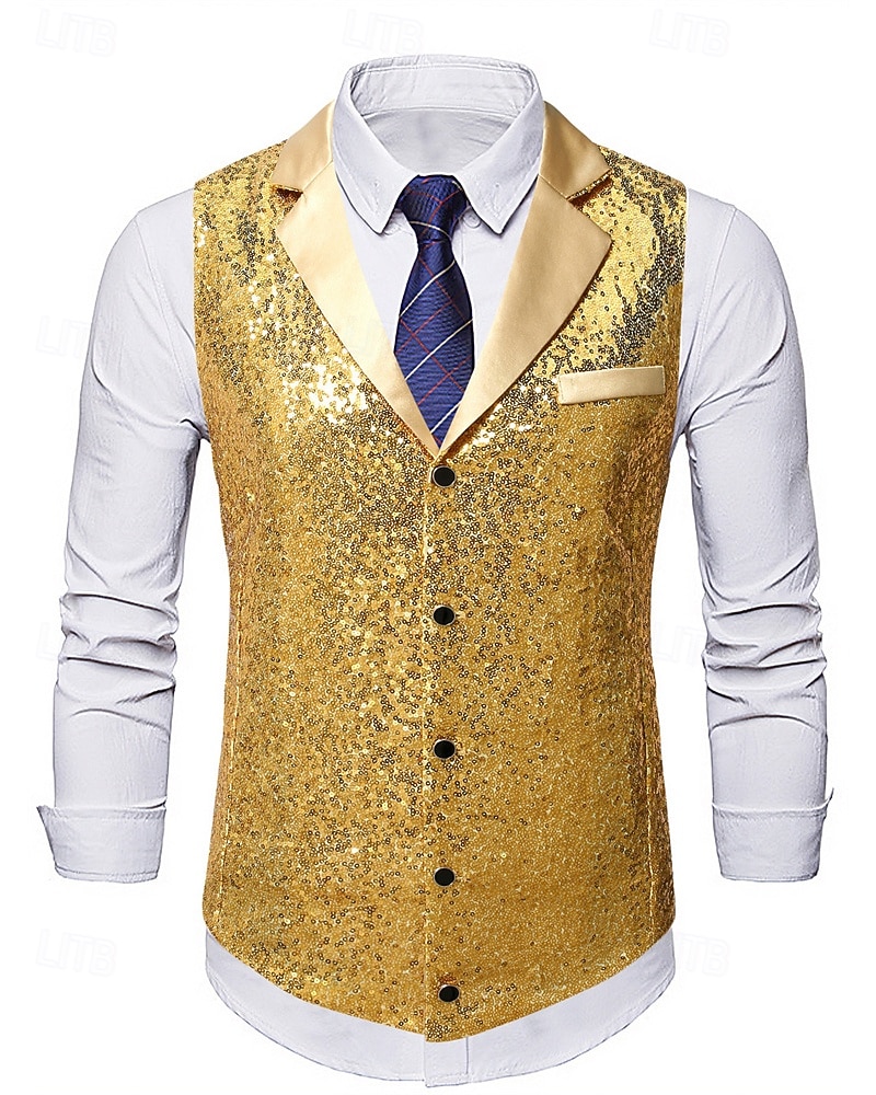 Voor heren Vest Vakantie Feest liiketoiminta Modieus Casual Lente Herfst Zak Knop Paillet Polyester Comfortabel Effen Enkele knoopsluiting één knoop Revers Normale pasvorm Goud Hesje 2025 - $33.99 –P2