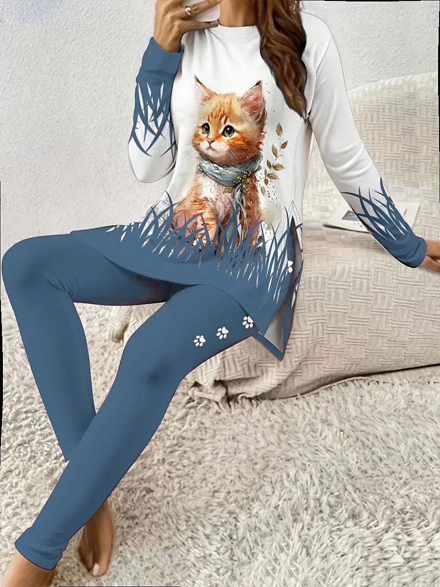 Komplet piżamowy dla kobiet dresy okrągły dekolt długi rękaw casual moda spodnie z nadrukiem grafika zwierzęca kot codzienne niebieski fioletowy zielony regularny krój 2025 - $31.99 –P3