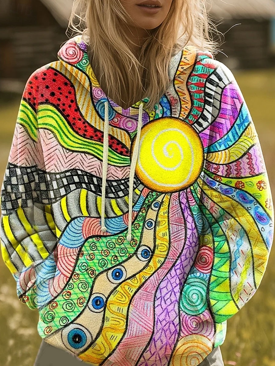 Dames Trui met capuchon Sweatshirt Grafisch Regenboog Casual Boho Lange mouw Capuchon Normale tops Straat Dagelijks gebruik Afdrukken Voorvak Rood blauw Paars Oranje Lente Herfst Winter 2025 - $26.99 –P1
