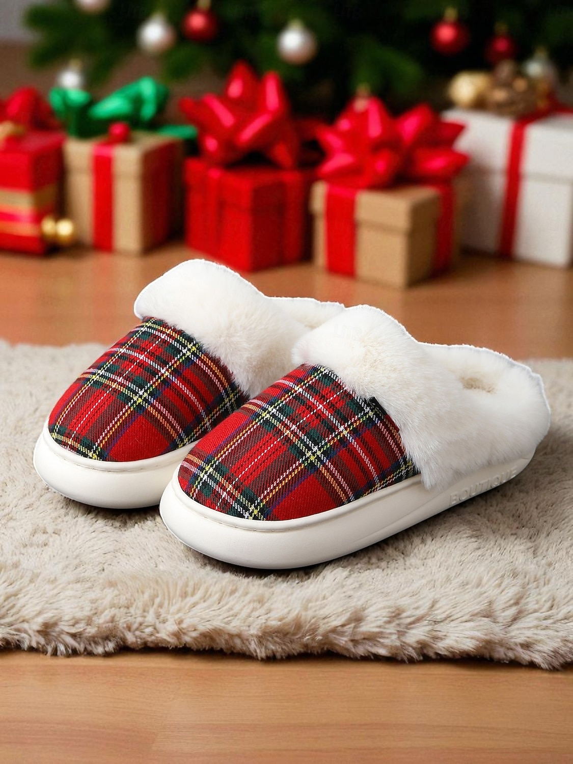 chinelos de Natal xadrez vermelhos para mulheres com forro de pele sintética e sola acolchoada – sapatos confortáveis para usar em casa, para presentes de inverno e feriados de 2025 por $19.99 –P2