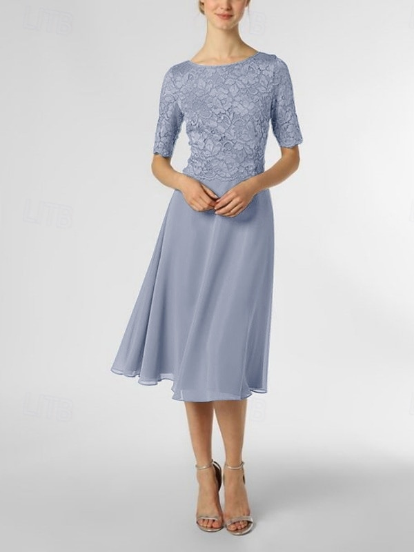 A-line šaty matky nevěsty svatební host elegantní drobné výstřih do lodi délka po kolena chiffon poloviční rukáv s plisováním jednobarevné bez vlastního měření 2025 - $129.99 –P2