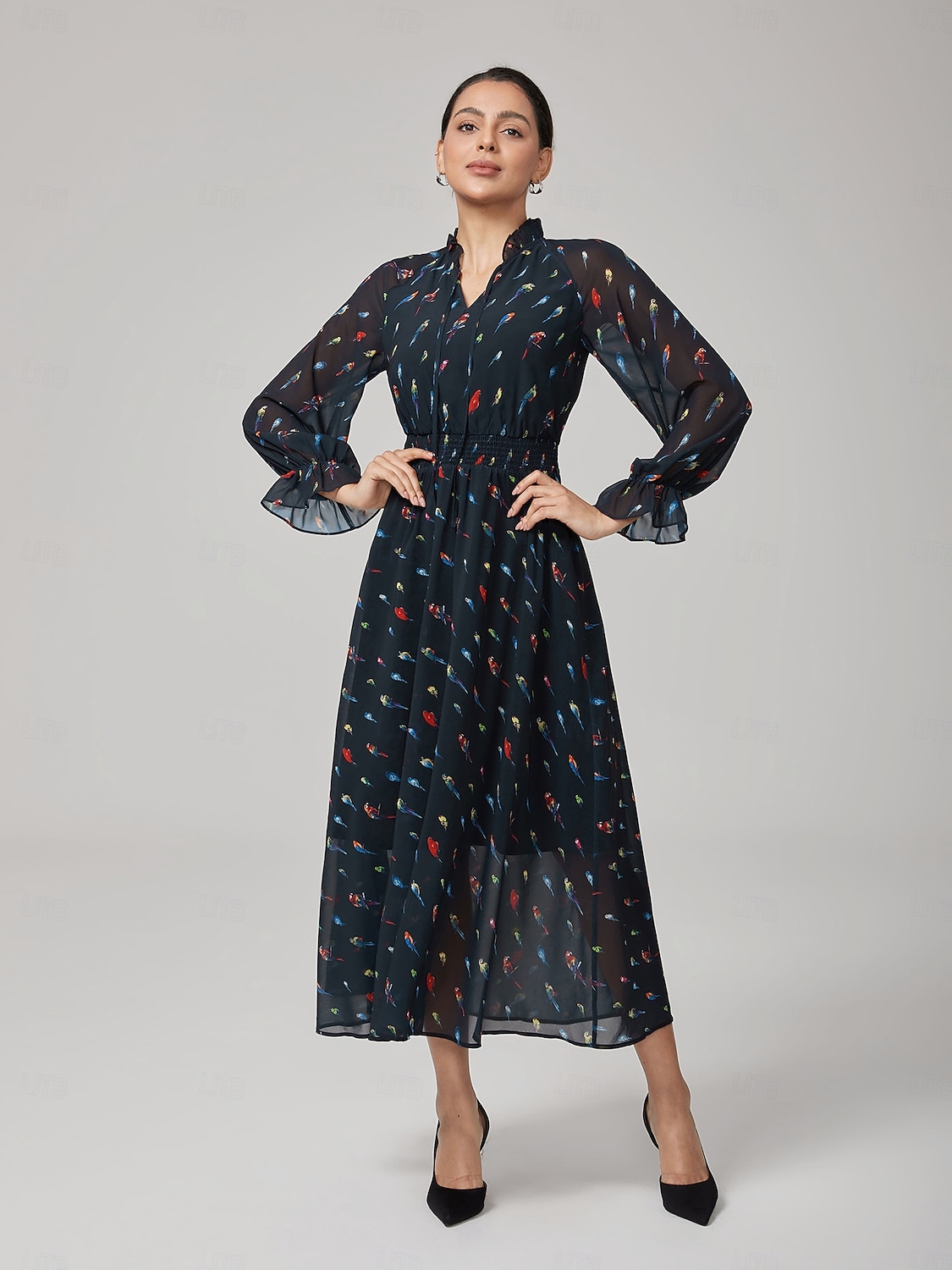 Mulheres Vestido casual Vestido Longo Vestido Maxi Preto Manga Longa Papagaio gravata na frente Primavera & Outono Estações Cruzadas Decote V Férias S M L de 2025 por $86.99 –P4