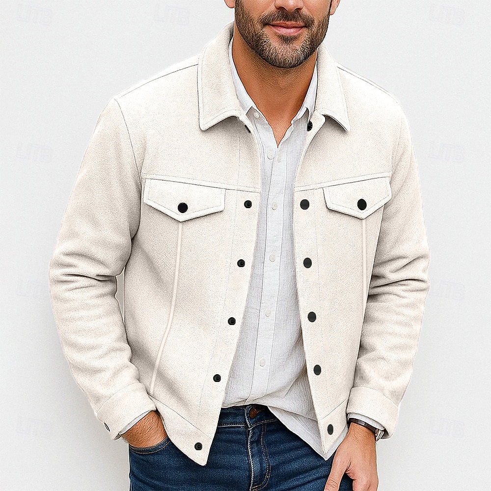 Herren Leichte Jacke Hemdjacke Formell Heim Tragbar Knopf vorne Frühling Herbst Winter Einfarbig Aktiv Vintage Umlegekragen Regulär Schwarz Weiß Khaki Grau Jacken 2025 - $30.99 –P1