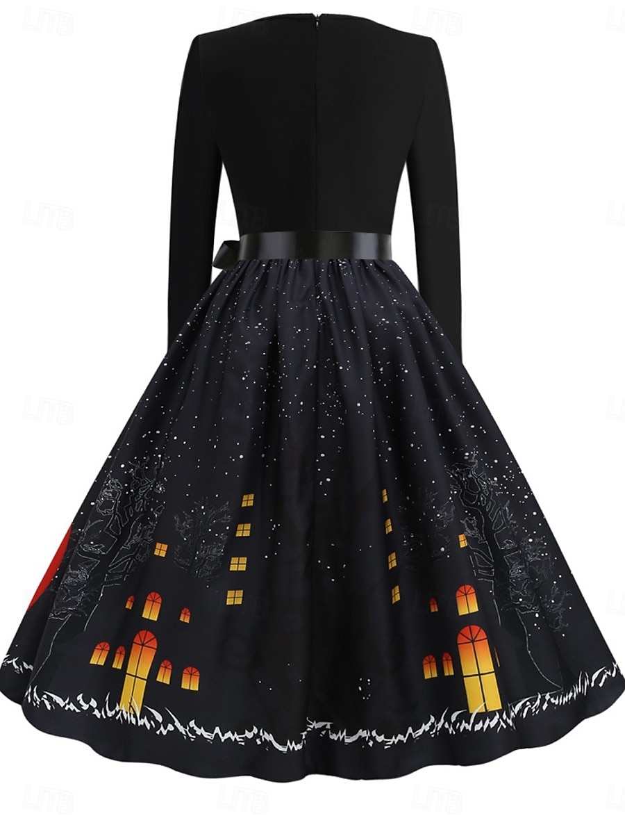 Rochie midi de Halloween pentru femei cu imprimeu de dovleac rochie în formă de A casual zi de zi vacanță croială regulată dovleac mânecă lungă guler în V galben albastru mov portocaliu vară 2025 - $28.99 –P3