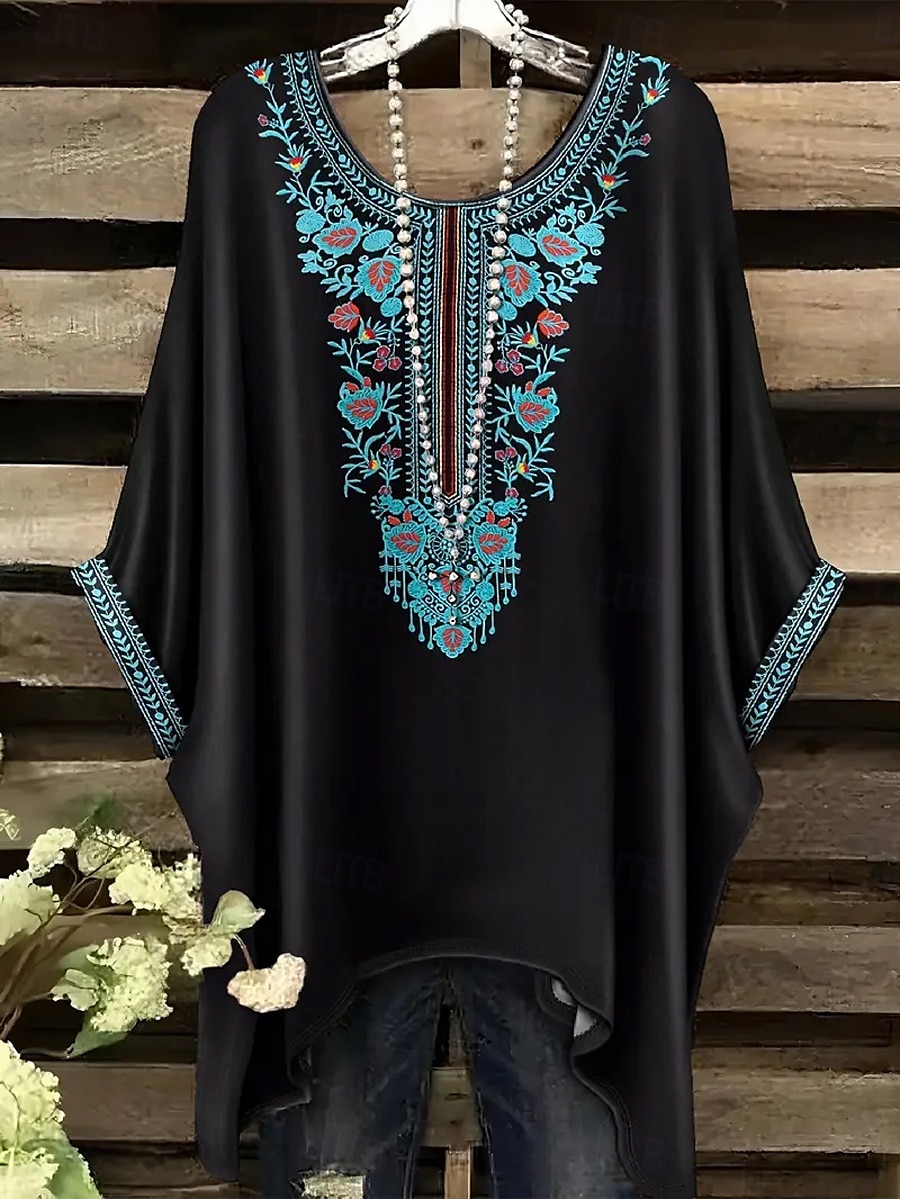 Жен. Блуза Ассиметричный Графика Геометрический принт Винтаж Повседневные На каждый день Рукав до локтя Летучая мышь Вырез под горло Обычные топы Повседневные Праздники Одежда для пляжа 2026 - $26.99 –P9