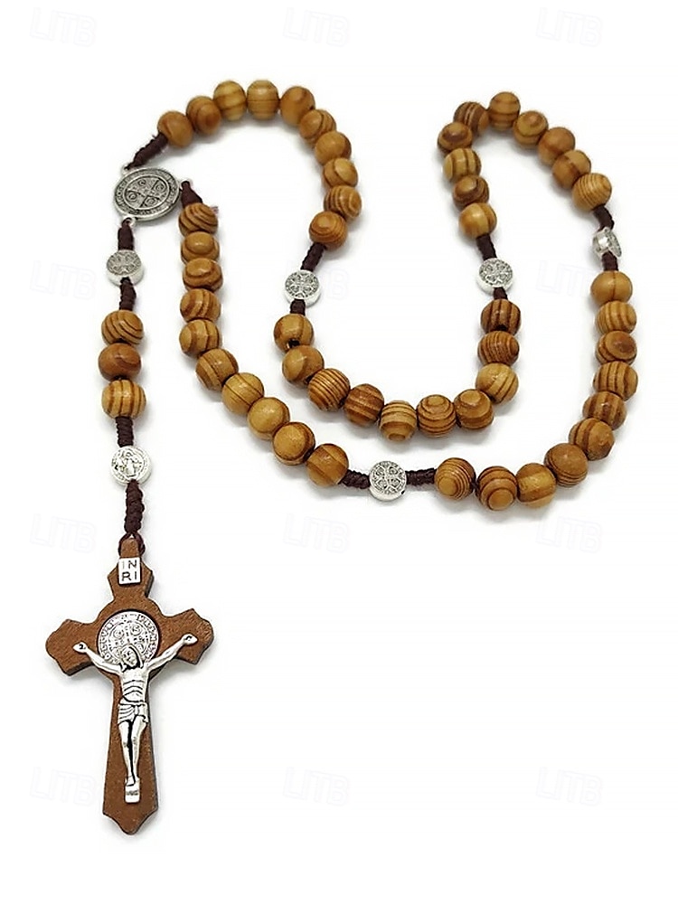 Rosario de madera para hombre con medalla de San Benito y crucifijo: cuentas de oración católicas para el culto religioso, la reflexión espiritual y la devoción diaria. 2025 - $7.99 –P6