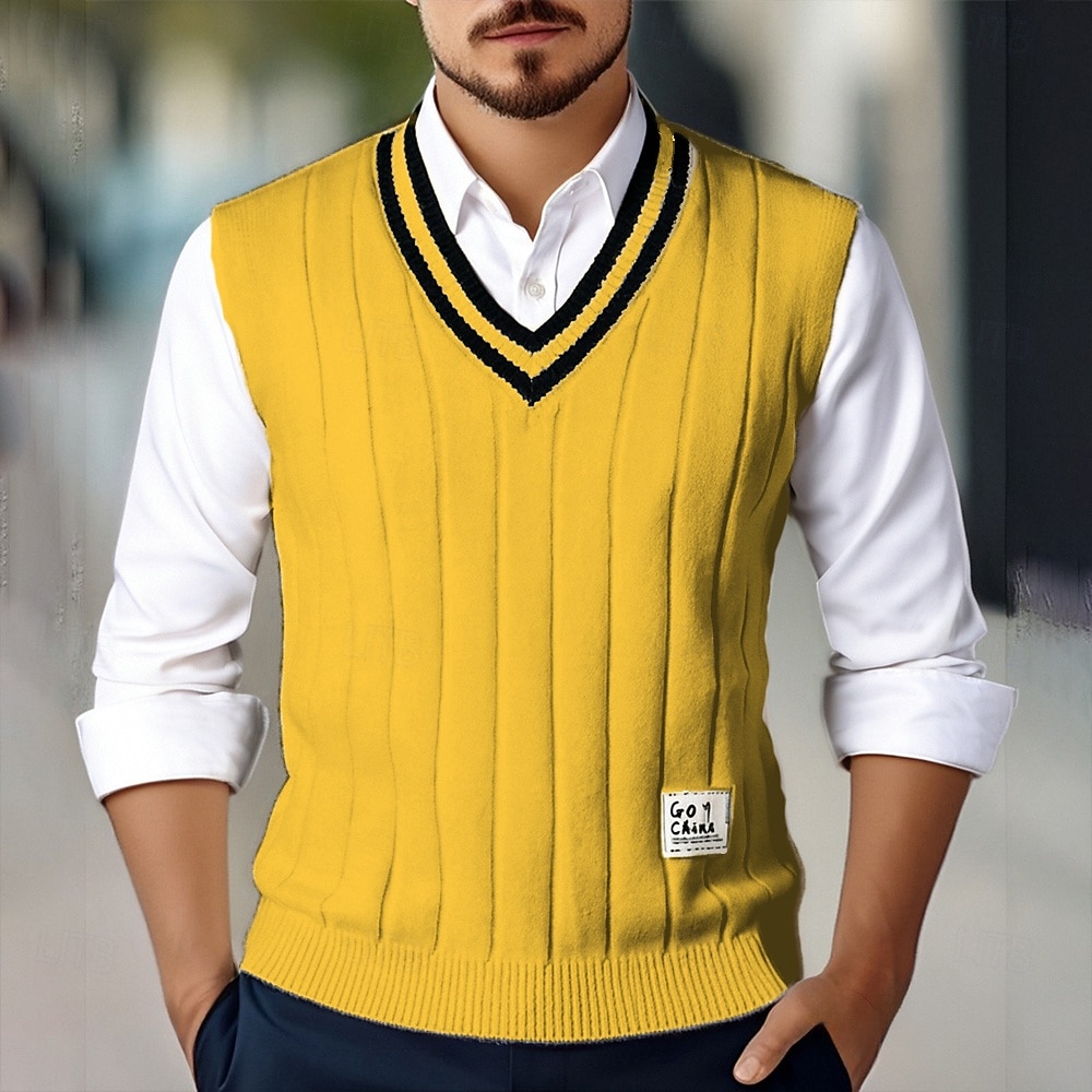 Pánské Svetrová vesta Šaty svetr Pulovrový svetr Vesta Pletený svetr Rýhovaný Kabel Plést Běžné topy Pletený Bez vzoru Do V Módní Na běžné nošení Dovolená Denní nošení Oblečení Podzim Zima Černá Bílá 2025 - $39.99 –P8