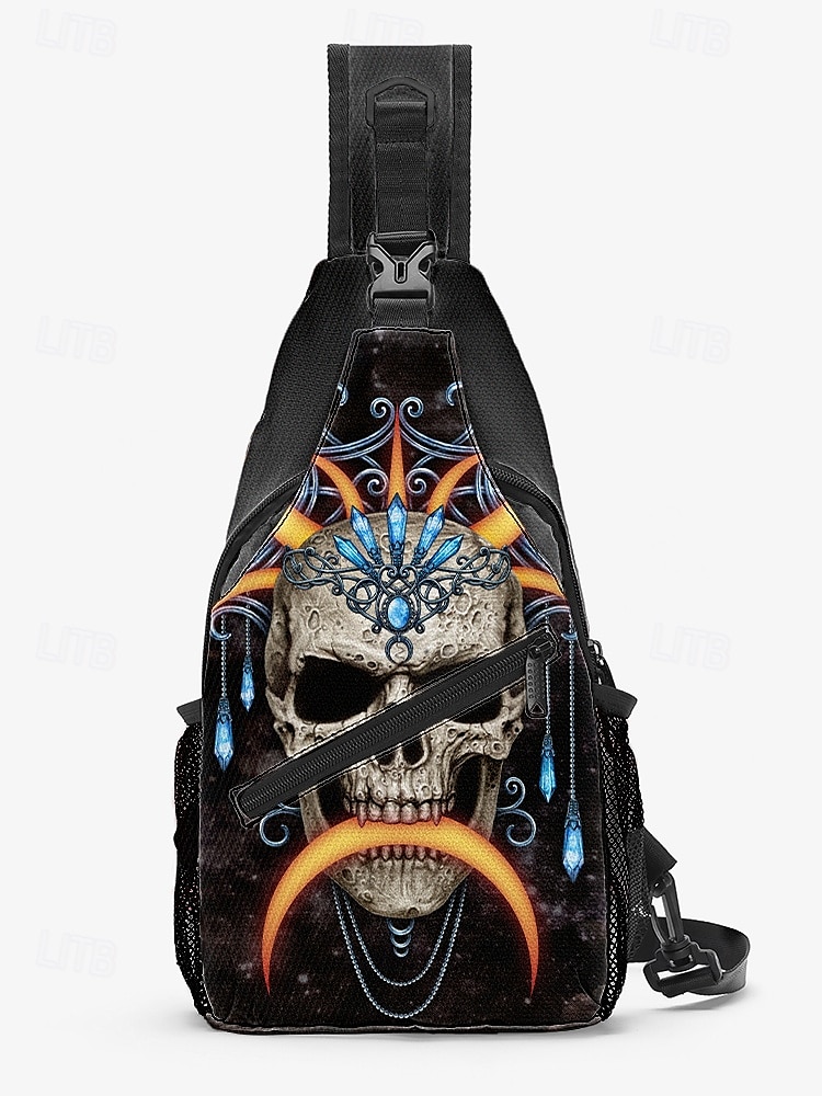 Męska torba typu crossbody z motywem czaszki na Halloween od Sarah Richter – inspirowana stylem vintage czaszka z pomarańczowymi akcentami, wyjątkowa sztuka na imprezy halloweenowe, festiwale i codzienne stylizacje 2025 - $24.99 –P3