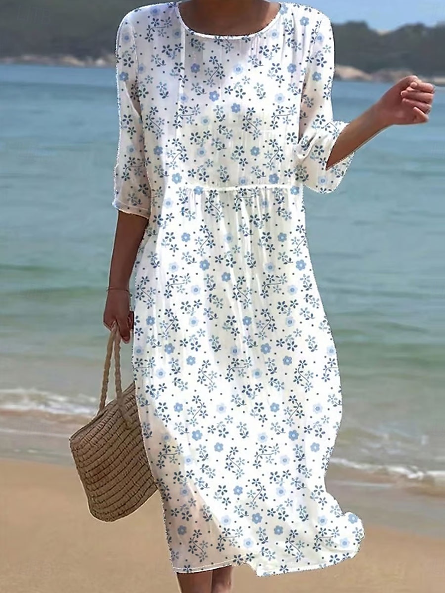 Damen Maxi Kleid Kaftan 3/4 Länge Ärmel Rundhalsausschnitt Lässiges Kleid A-Linie Kleid Boho Reguläre Passform Grafisch Geometrisch Abstrakt Gelb Pink Blau Orange Frühling Herbst 2025 - $41.99 –P2
