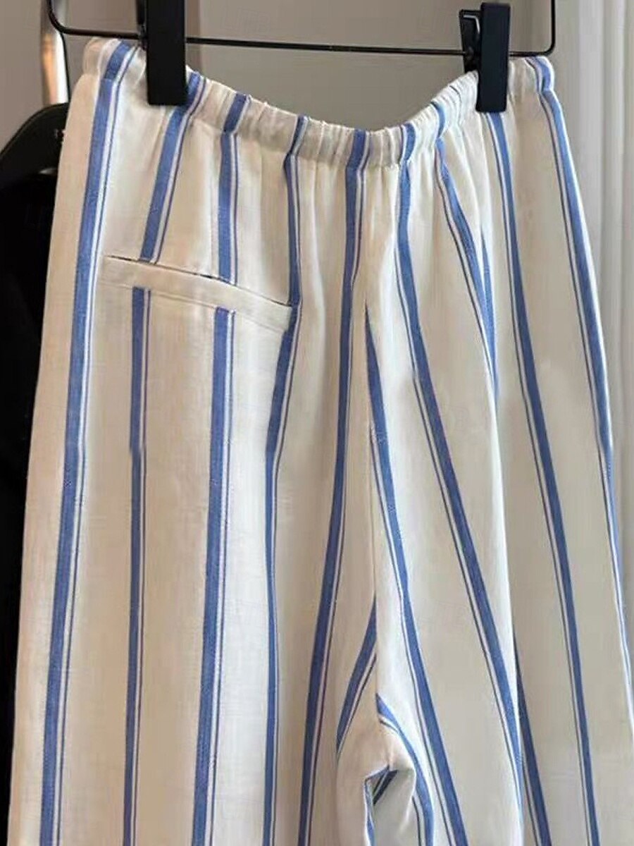 Dame Linbukser i bomull Frekk Ferie Årgang Etnisk stil Full lengde Medium Midje Stripet Snorer Lomme Elastisk midje comfy Pusteevne Myk Uelastisk Feriereise Hjem Gate Blå og hvite striper Sommer Vår 2025 - $40.99 –P3