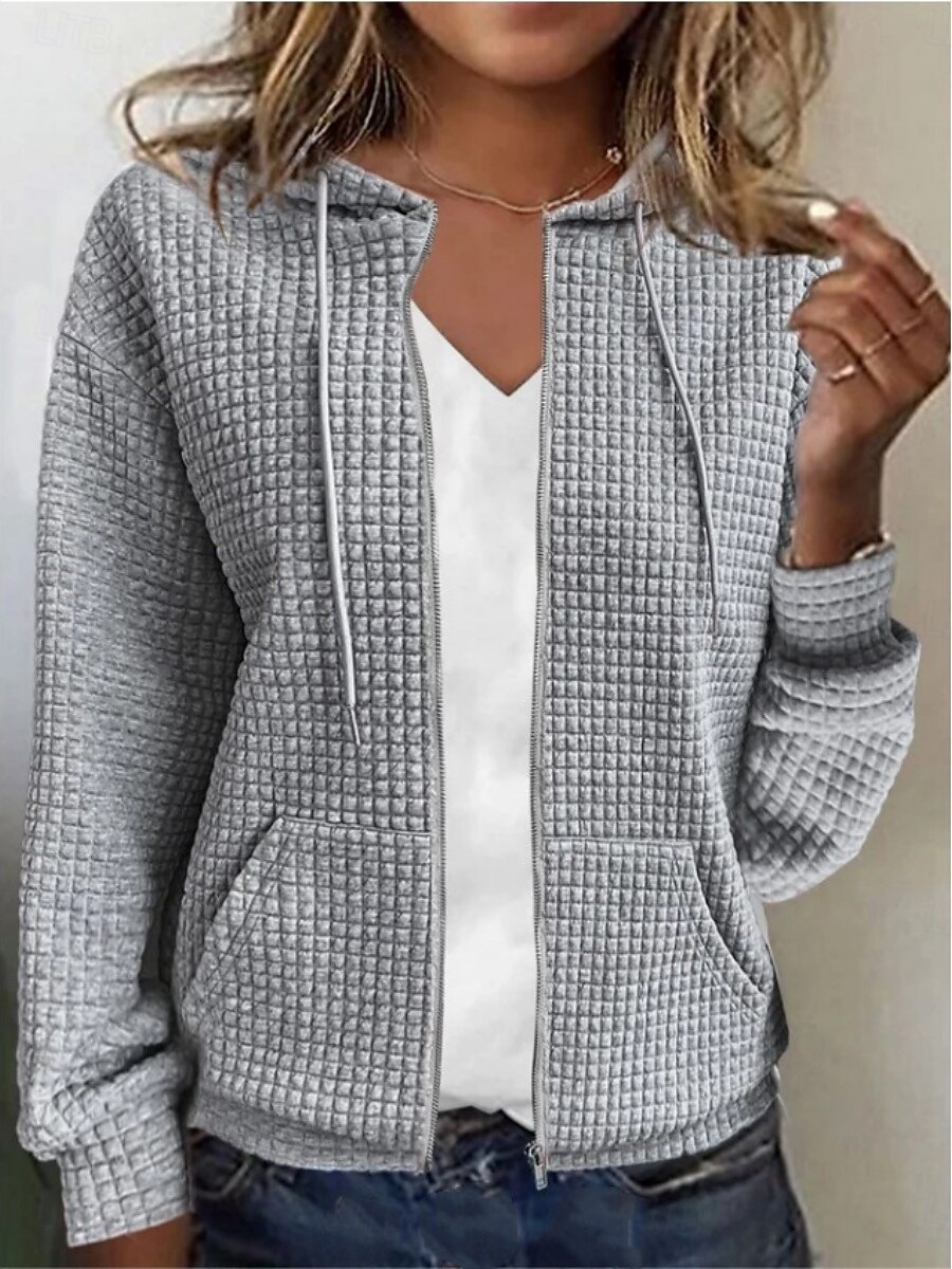 Women's Casual Jacket Hoodie Jacket Comfortable Breathable Zipper Pocket Full Zip Casual Plain Vacation Street Casual Daily Wear Zipper Regular Hooded Regular Fit Long Sleeve Outerwear Black White 2026 - $34.99 –P4