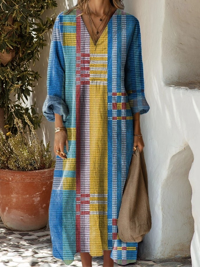 Damen Maxikleid Sommerkleid A Linie Kleid Urlaub Lässig Boho Party Ferien Strand Lässiger Schnitt Grafik Geometrisch Abstrakt Langarm V Ausschnitt Dunkelbraun Dunkelrot Rote Leicht Braun Frühling 2025 - $35.99 –P2
