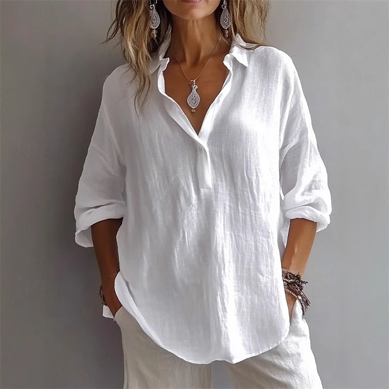 Per donna Camicia Camicia di lino Semplice Elegante Moderno Manica Lunga Colletto a Camicia Top Regolari Quotidiano Ferie Bottoni Bianco Rosa Viola Verde Primavera Autunno del 2025 a $21.99 –P2