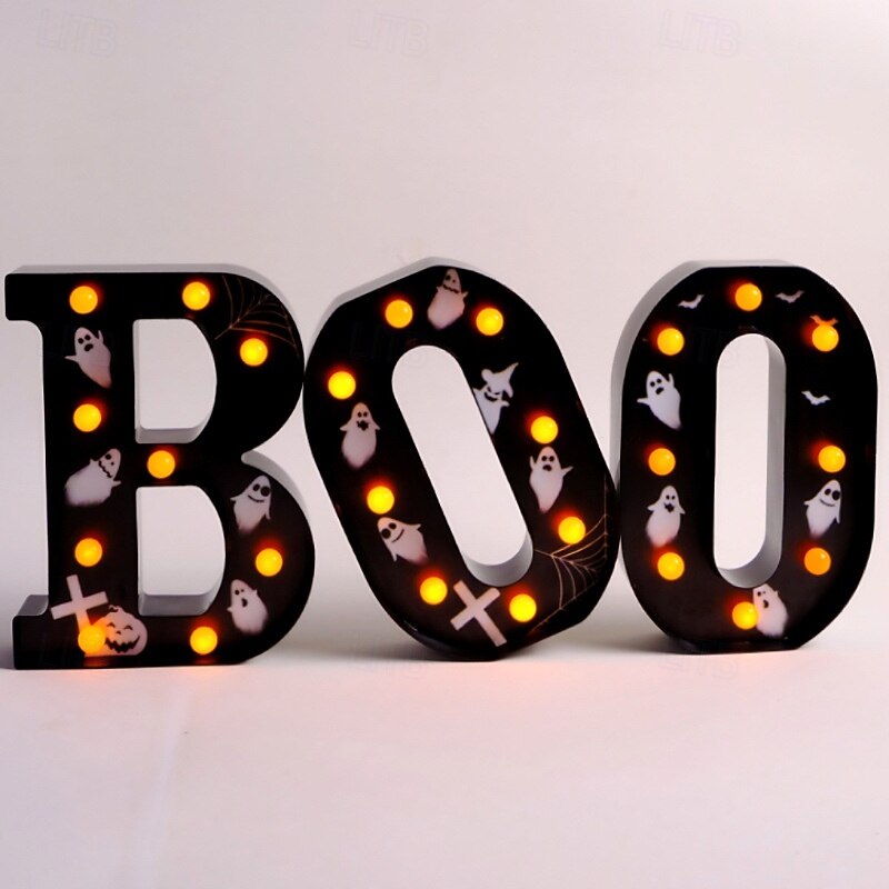 Halloween-dekorasjoner innendørs - 3 LED-telt med lysende bokstaver, svart boo-skilt, halloween-bokstavlys til hjemmet, innendørs kjøkken, peis, festbord, dekorutstyr 2025 - $21.97 –P11