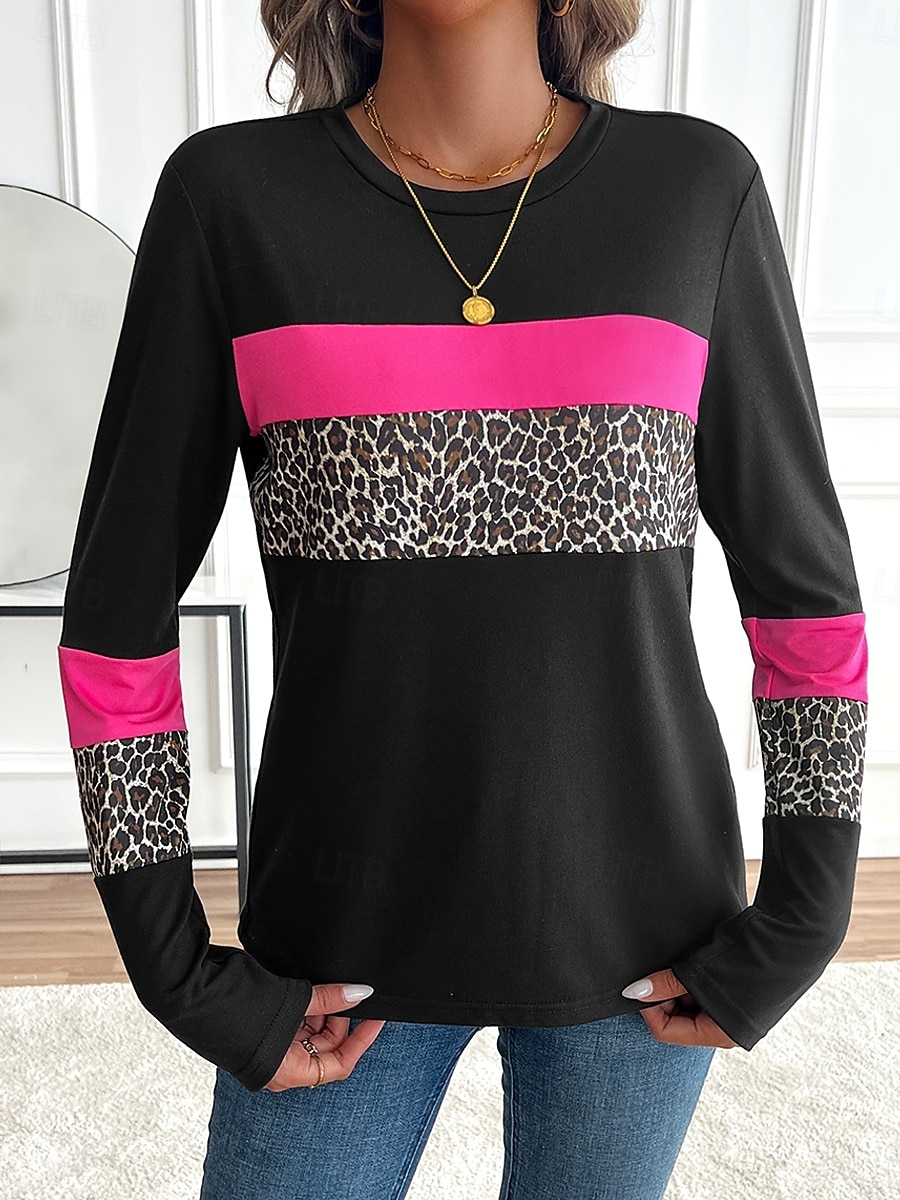 Femmes T-shirt Graphique Léopard Géométrique ancien Élégant Classique manche longue Col ras du cou Col rond Hauts Réguliers Quotidien Imprimé Rose Printemps Automne Hiver de 2025 ? $22.99 –P4