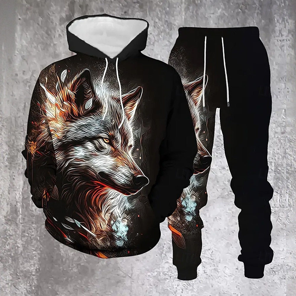 Herr Djur Varg 2st 3D-tröja set Träningsoverall Hoodie-tröja Långärmad Långa byxor Huva Ledigt vardag Fritids- Dagliga kläder 3D-utskrift Vår Höst Vinter Orange Grön 2025 - $39.99 –P1