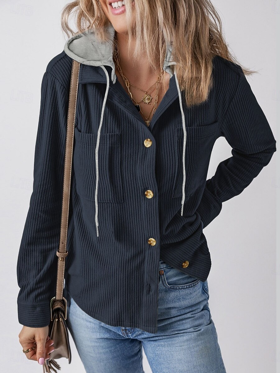 Mujer Chaqueta con capucha Cómodo Transpirable Botones Casual Plano Vacaciones Calle Casual Ropa Cotidiana Botonadura Simple Regular Con Capucha Ajuste regular Manga Larga Ropa de calle Azul marinero 2025 - $36.99 –P2
