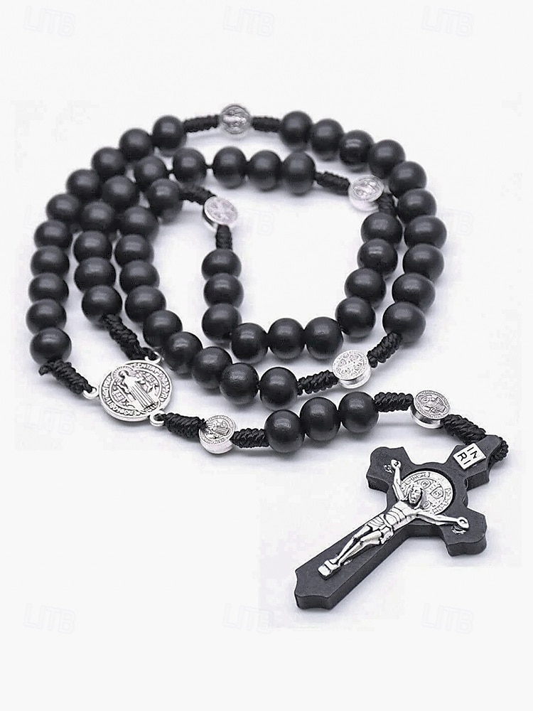 Rosario de madera para hombre con medalla de San Benito y crucifijo: cuentas de oración católicas para el culto religioso, la reflexión espiritual y la devoción diaria. 2025 - $7.99 –P10
