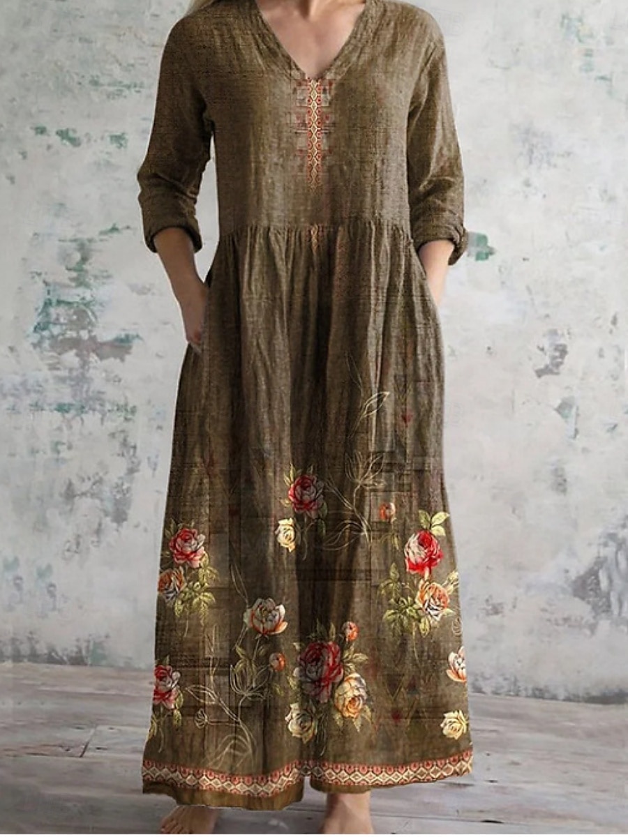 Femmes Robe Midi Robe trapèze Occasionnel Quotidien Coupe régulière Fleuri Manche 3/4 Col en V Jaune Vert foncé Marron Vert Été Printemps Automne de 2025 ? $27.99 –P4