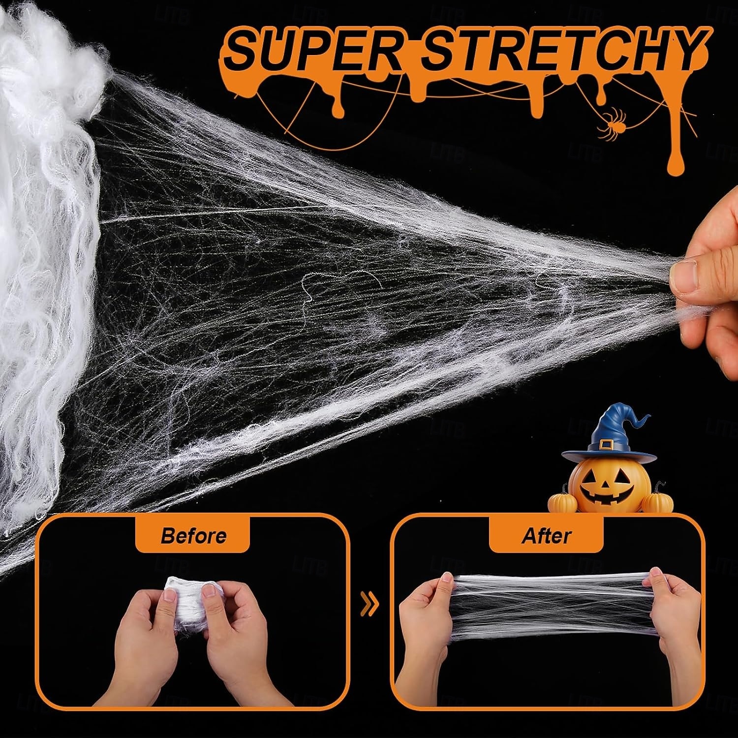 175 kvadratmeter stort halloween-edderkoppnett, bonus med 100 kunstige edderkopper, edderkoppnett i stoff, spindelvev-halloween-dekor for innendørs og utendørs festutstyr 2025 - $19.99 –P2