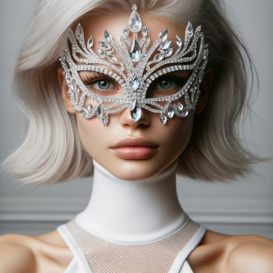Dámská křišťálová maškarní maska s kamínky - luxusní třpytivá diamantová maska na obličej pro dámy, elegantní kostýmní doplněk na halloweenskou párty, ples a večerní akce 2025 - $26.99 –P1