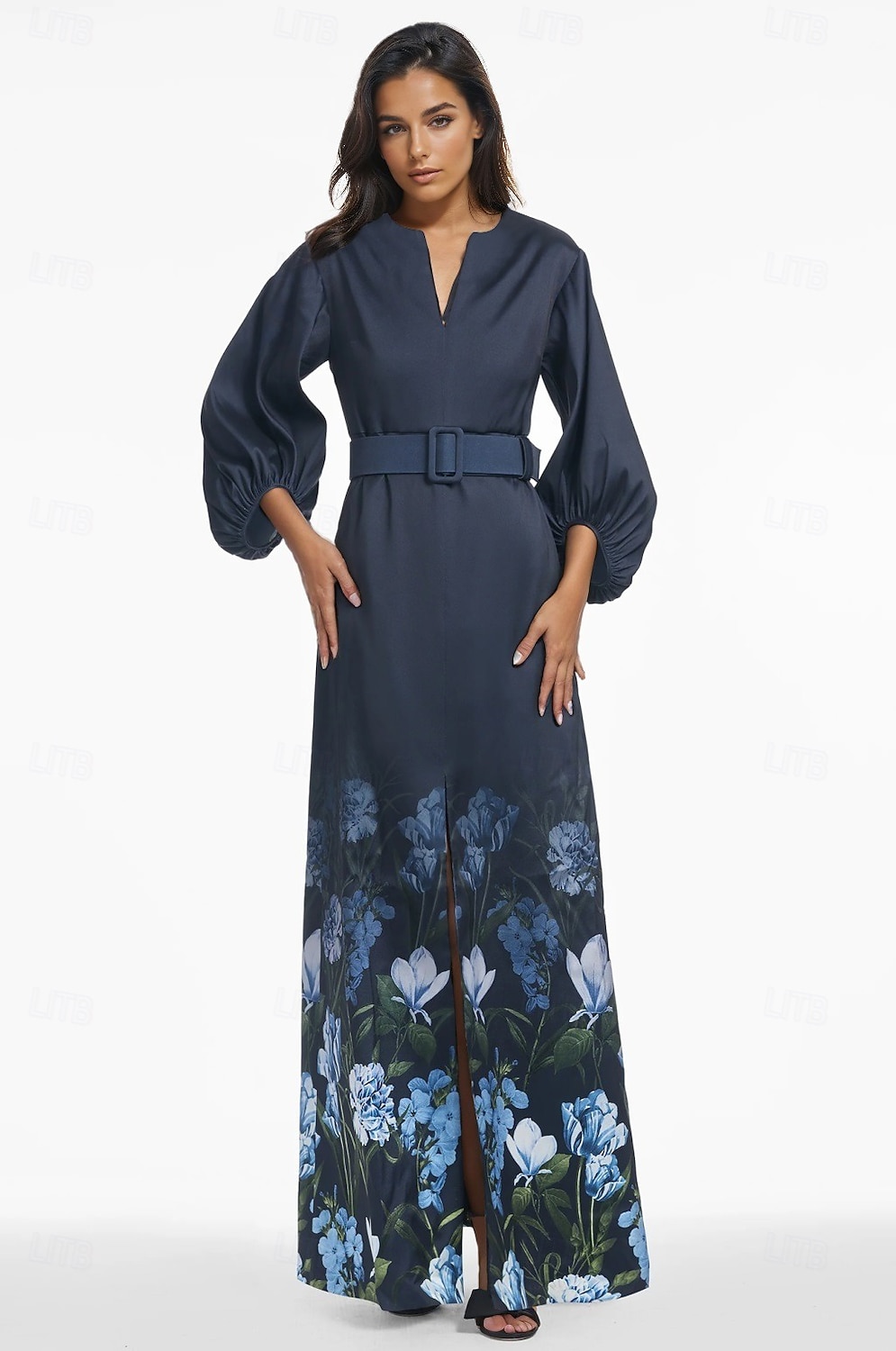 Robe de soirée A-Line élégante robe formelle mariage longueur totale à manches courtes décolleté en V avec poches en satin avec imprimé floral de 2025 ? $152.99 –P1