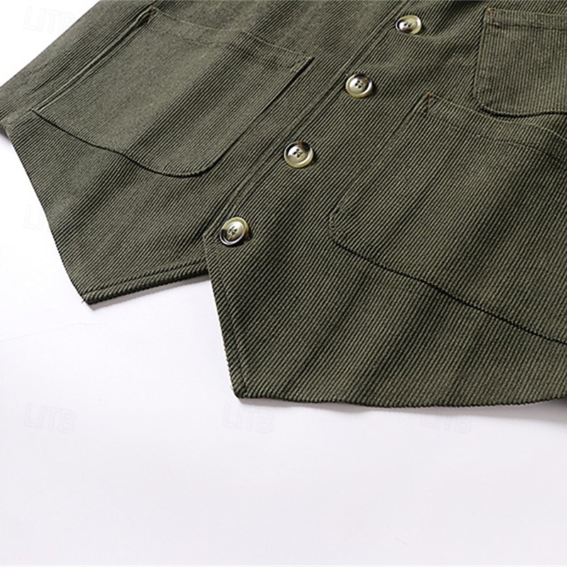 Herren Cordweste Weste Gilet Urlaub Party Geschäft Mode Lässig Frühling Herbst Tasche Knöpfe Polyester Bequem Einfach Einreihig Ein-Knopf V Ausschnitt Normale Passform Schwarz Grün Kaffee Weste 2025 - $38.99 –P5