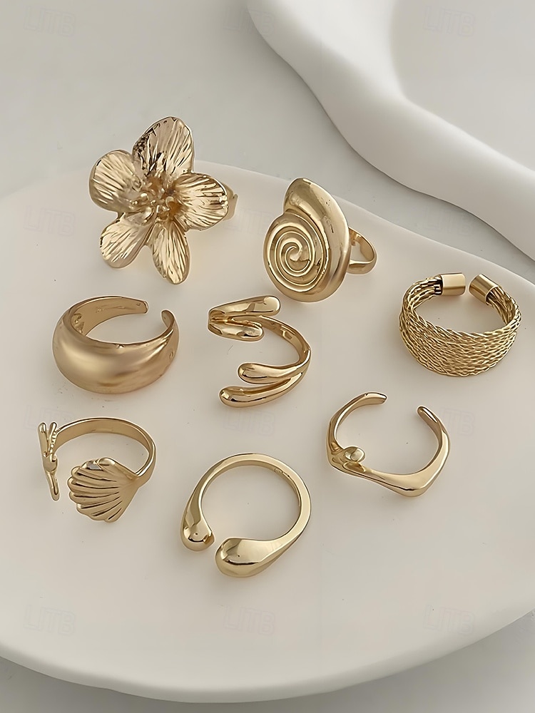 Női 8 darabos, állítható méretű aranyötvözet gyűrűszett – bohém, mutatós ékszer virágos, kagyló- és geometrikus mintákkal partikra, esküvőkre és mindennapi viseletre 2025 - $11.99 –P6