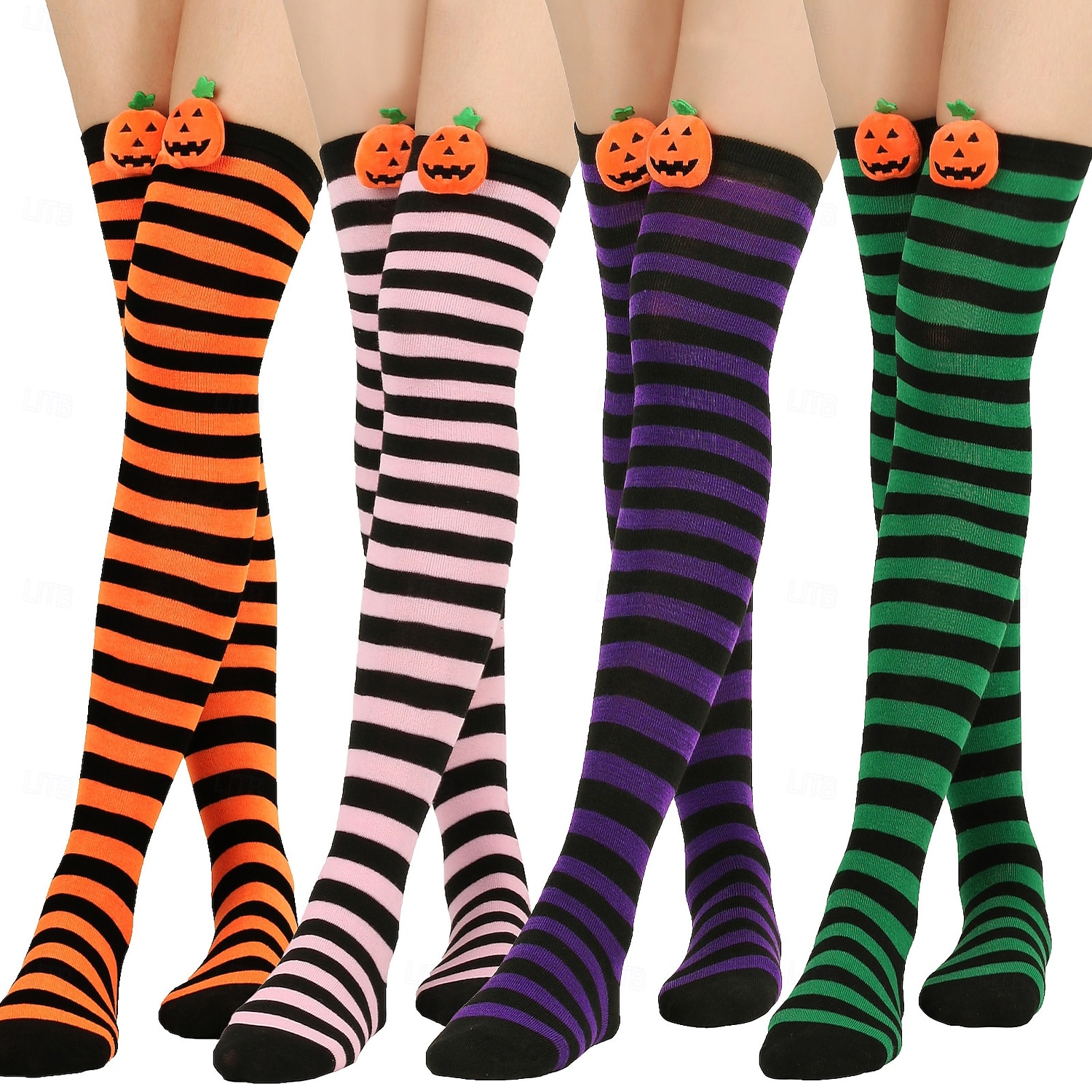Damskie skarpetki za kolano na Halloween - bawełniane, długie pończochy w paski z uroczym wzorem dyni, zabawne i wygodne, nowatorskie pończochy na imprezy kostiumowe, cosplay i wydarzenia świąteczne 2025 - $11.99 –P1