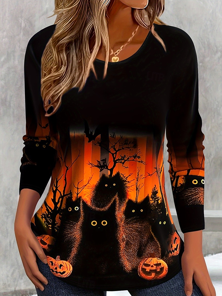 Women's T shirt Pumpkin Graphic Cat Vintage Stylish Classic Long Sleeve Crew Neck Regular Tops Daily Print Orange Spring Fall Winter 2025 - $22.99 –P1