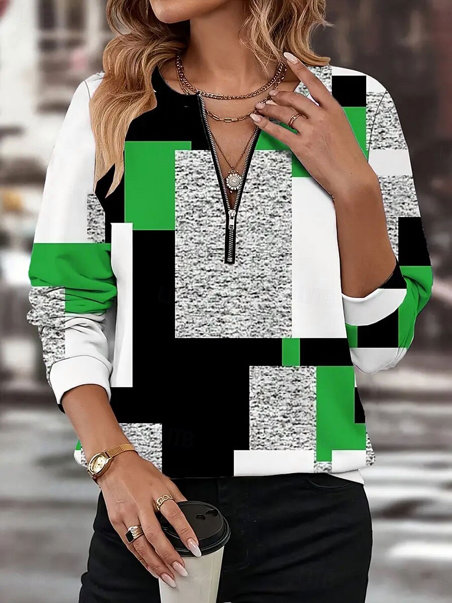 Damen Pullover Sweatshirt Sweatshirts mit Reißverschluss Grafik Geometrisch Farbblock Mode Lässig Langarm Rundhalsausschnitt Normale Oberteile Straße Alltagskleidung Reißverschluss Druck Rote Blau 2025 - $27.99 –P5