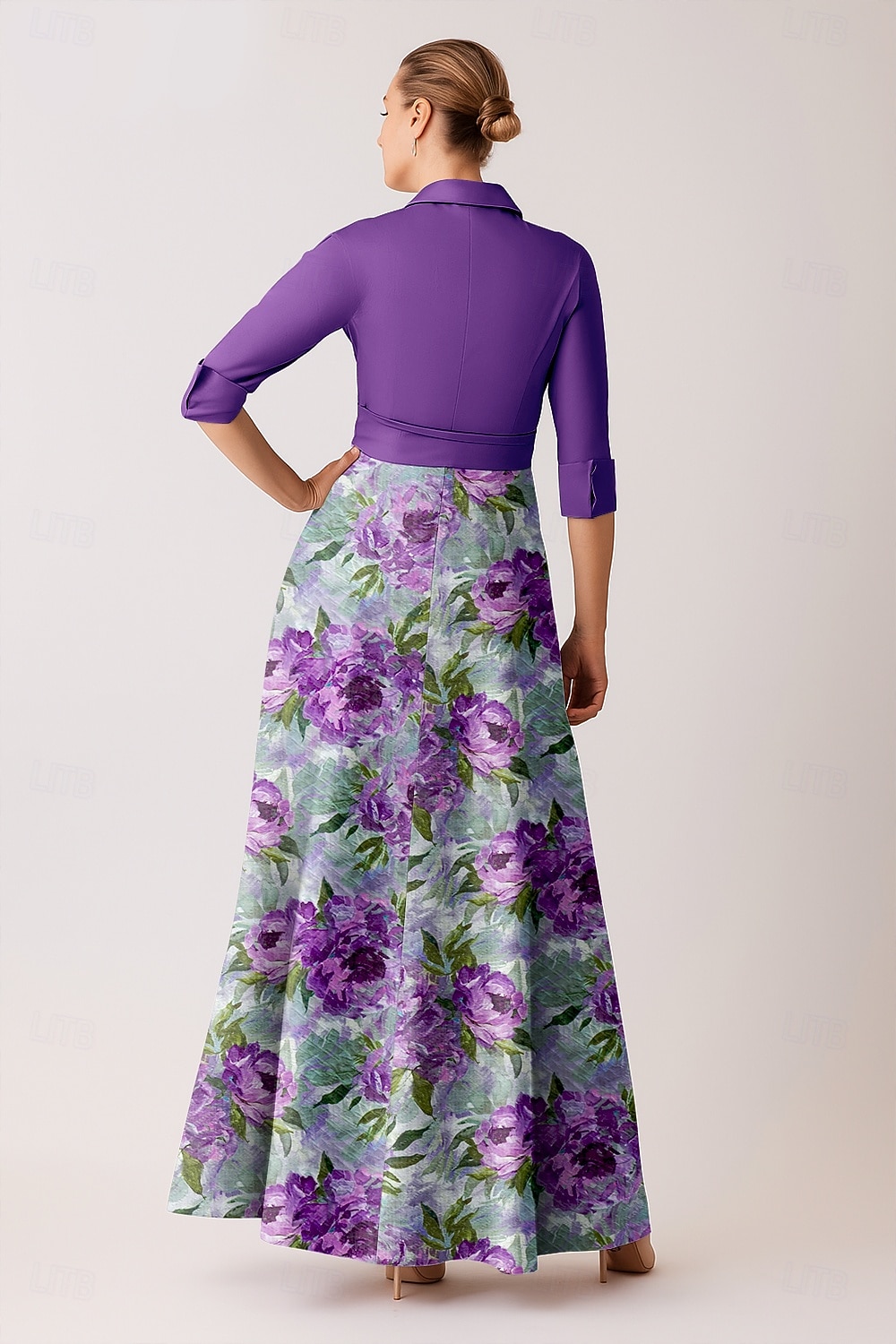 Rochie de mireasă elegantă, violet-albastru, în linie A, cu decolteu tip bateau, lungime la podea, dungă subțire, mânecă lungă și blocuri de culoare, 2025 2025 - $149.99 –P2