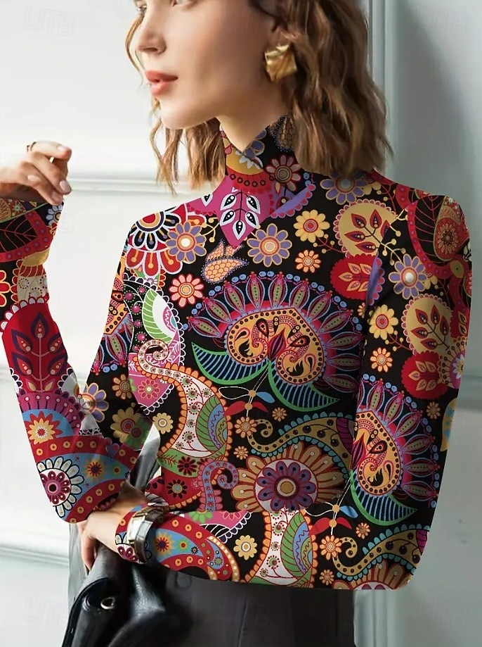 Femmes Tunique Fleuri Élégant Bohème ancien manche longue Col roulé Col haut Hauts Réguliers Sortir Noir Fuchsia Vert Automne Hiver de 2025 ? $24.99 –P3