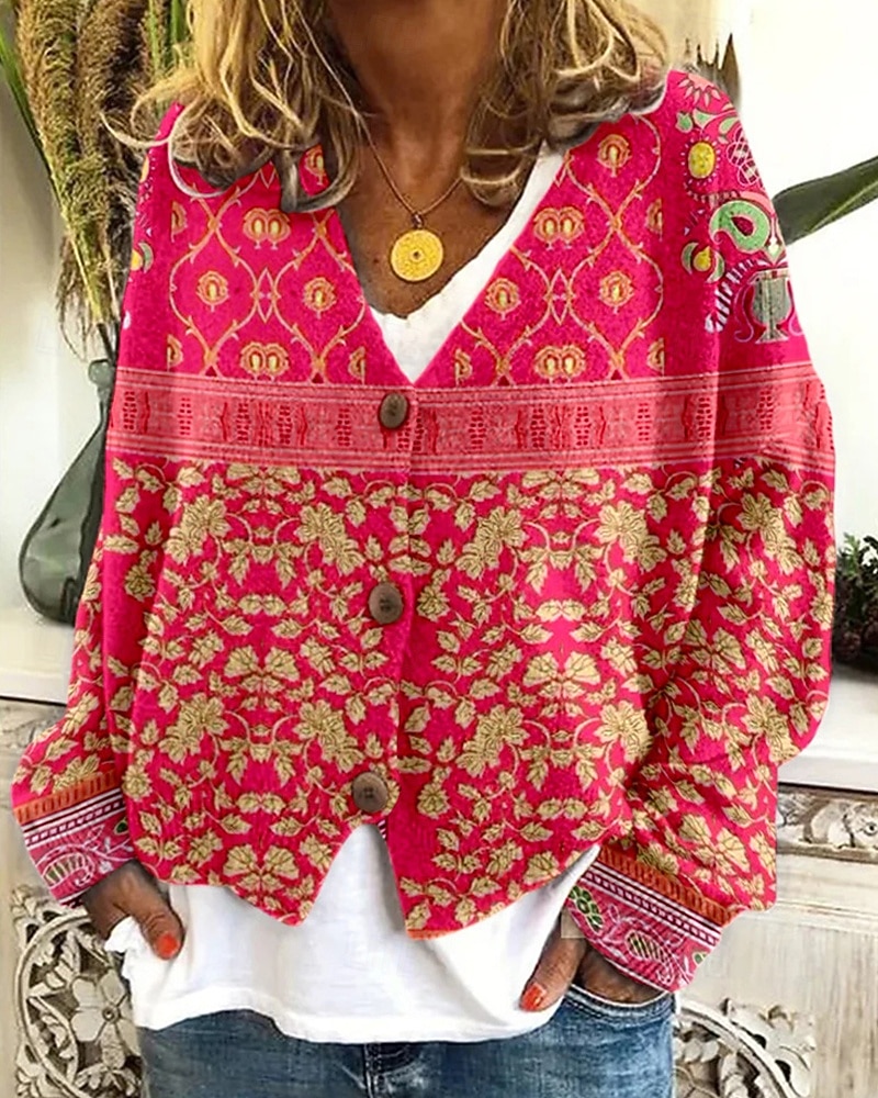Damen Mantel Freizeitjacke Warm Bequem Druck Mode Modern Lässig Blumen Ausgehen Wochenende Einreihig Regulär V Ausschnitt Normale Passform Langarm Oberbekleidung Weiß Himmelblau Grün Herbst Winter 2025 - $22.99 –P3