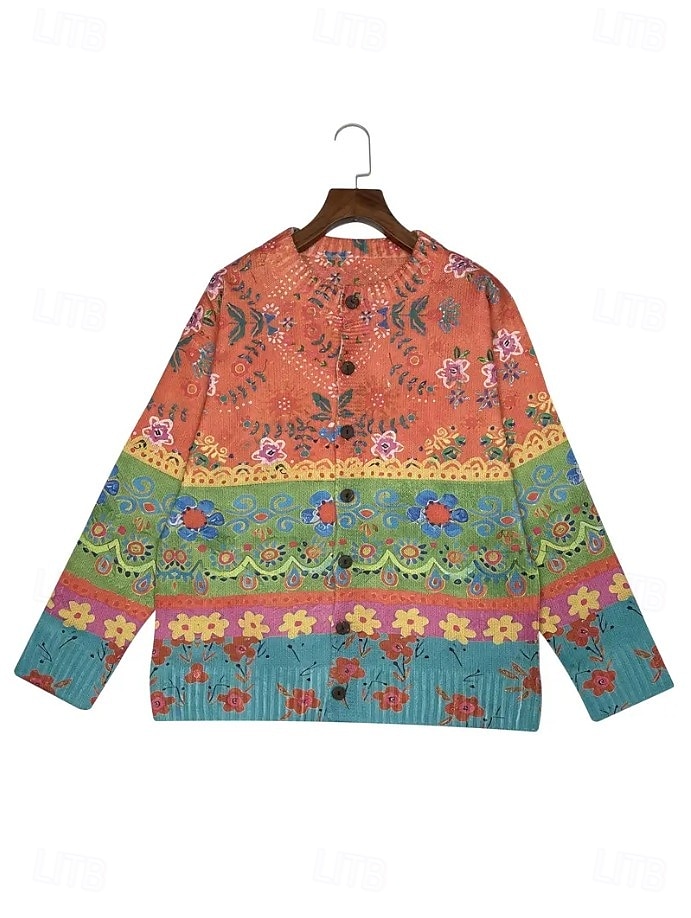 Damen Strickjacke Pullover Mit Wabenstruktur Knopfleiste Rundhalsausschnitt Langarm Leicht Elegant Vintage Blumengrafik Gestreift Knopfprint Strick Outdoor Wochenende Rosa Lila Herbst Winter 2025 - $31.99 –P3