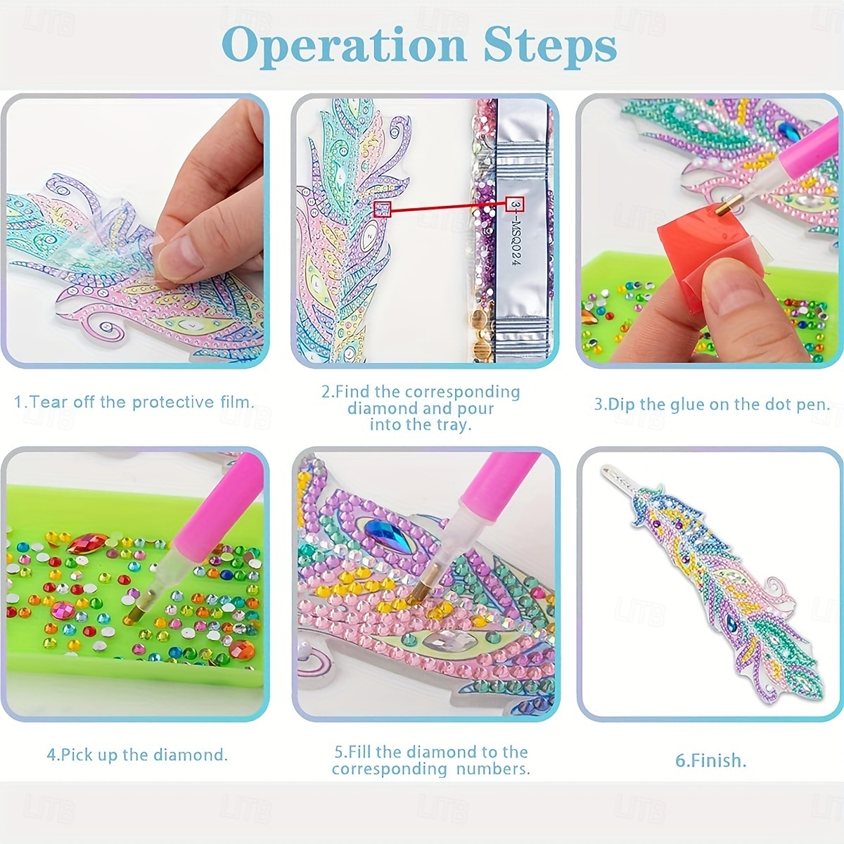 6 ks rozmarných záložek s peřím - unikátní nepravidelné diamantové malby, sada pro kutily s motivem zvířat s jednoduchým návodem, ideální pro milovníky knih a tvoření. 2026 - $18.49 –P7