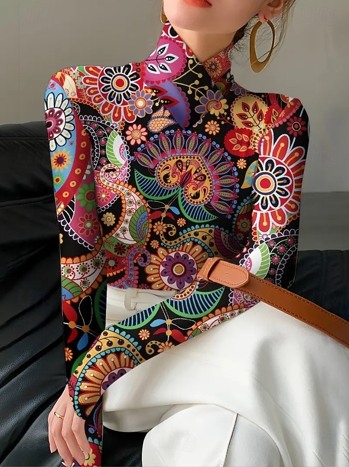 Femmes Tunique Fleuri Élégant Bohème ancien manche longue Col roulé Col haut Hauts Réguliers Sortir Noir Fuchsia Vert Automne Hiver de 2025 ? $24.99 –P1