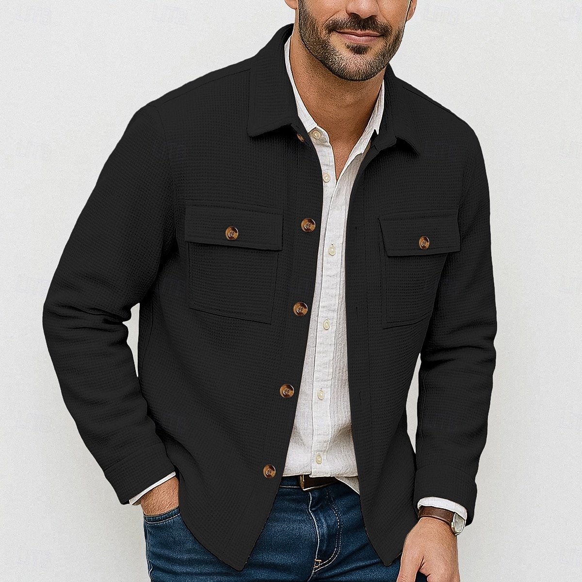 Herren Leichte Jacke Waffeljacke Hemdjacke Freizeitjacke Urlaub Lässig Atmungsaktiv Tasche Button-Down Frühling Herbst Einfach Mode Klassisch Revers Regulär Schwarz Weiß Wein Dunkelgrün Khaki Jacken 2025 - $26.99 –P6