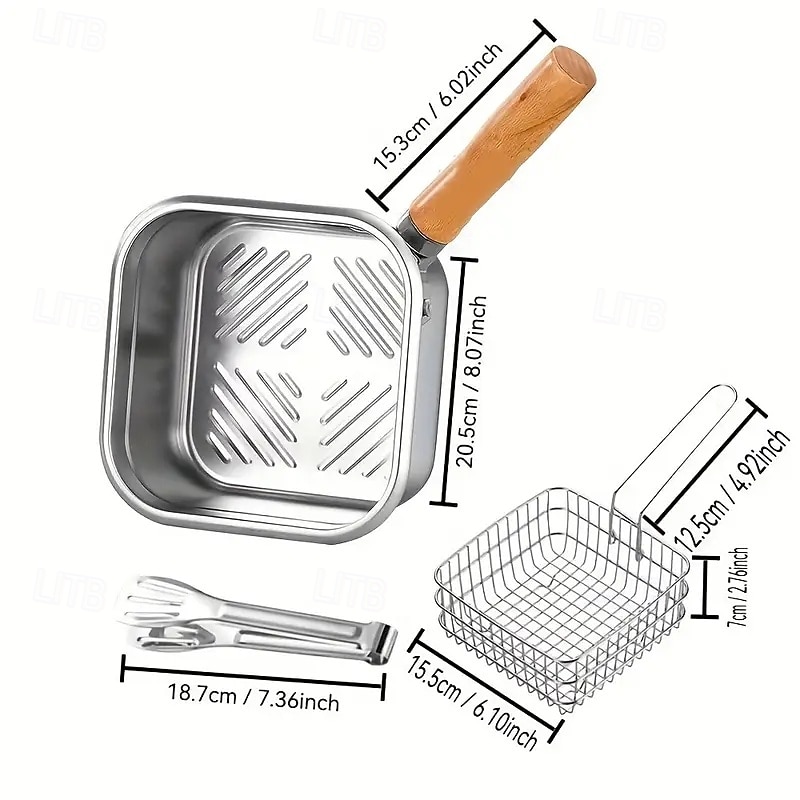 Padella quadrata in acciaio inox da 4 pezzi con cestello, friggitrice compatta quadrata multiuso con manico staccabile &design di scarico facile adatto a contenitori per la conservazione della del 2025 a $33.99 –P12