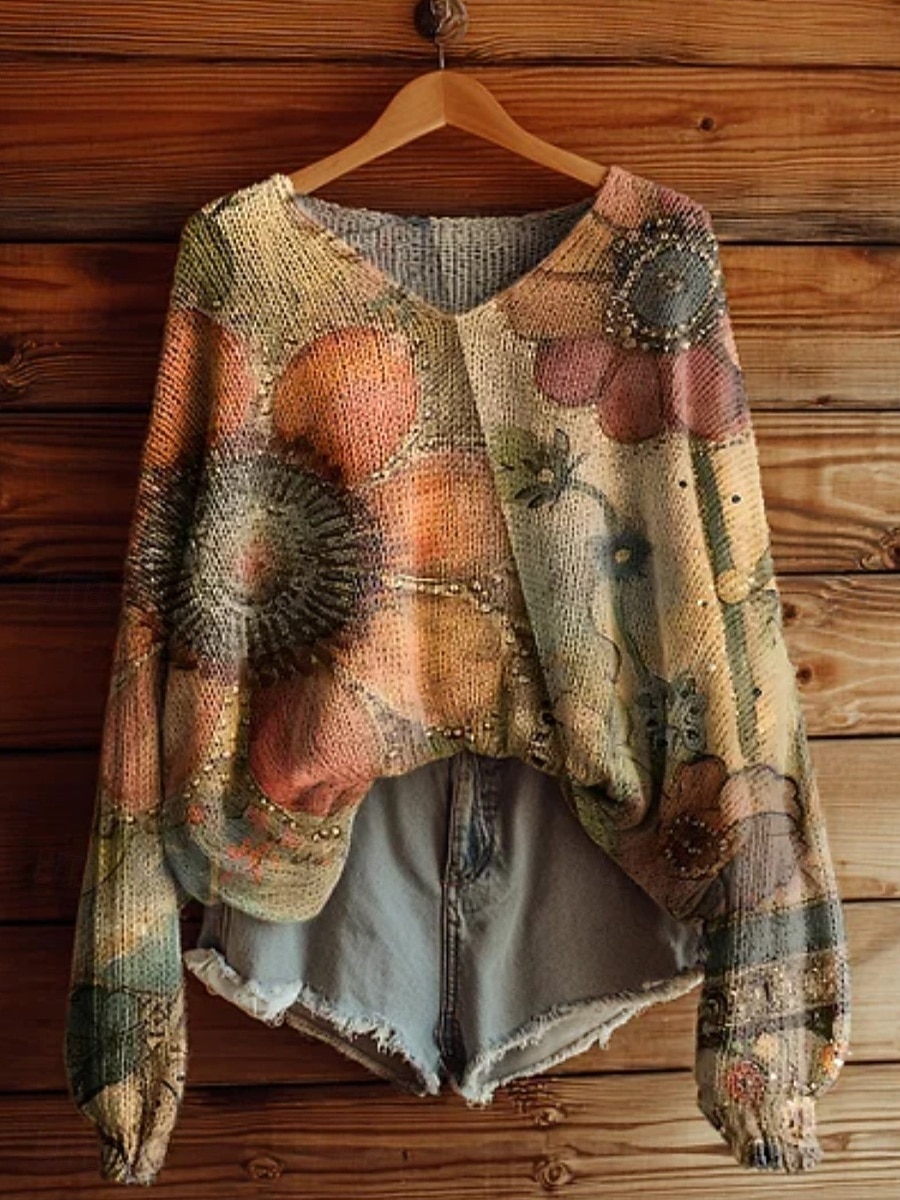 Pull femme décontracté doux géométrique vintage manches longues col rond régulier hauts quotidien vacances imprimé jaune bleu violet vert printemps automne hiver de 2025 ? $22.99 –P2