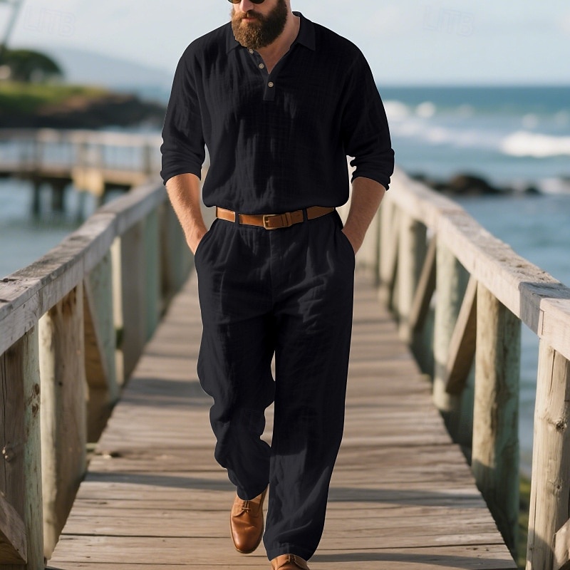 Per uomo Set di biancheria Completi T-shirt Completi camicia e pantaloni Outfit 2 pezzi Manica Lunga Bavero Primavera Autunno Semplice Moda Casual 2 Pezzi Vacanza Abbigliamento quotidiano Uscire Nero del 2025 a $43.99 –P11