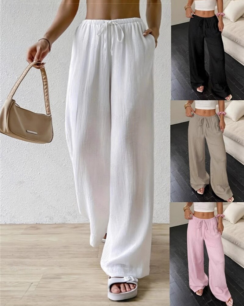 Dam Brett skaft Byxor Palazzo byxor Mode Streetwear Fullängd Hög midja Slät Elastisk midja Mateial som andas Bekväm Gata Dagliga kläder Utekväll Svart Vit Rodnande Rosa Kaki Sommar Vår Normal 2025 - $20.99 –P1