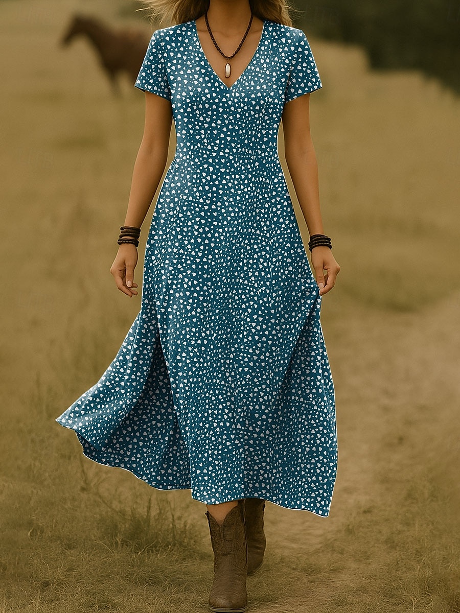 Dam Maxiklänning Vardagsklänning A linjeklänning Sommarklänning Elegant Semester Ledigt Strand Normal Blommig Grafisk Prickig Kortärmad V-hals Rubinrött Blå Brun Grön Sommar Vår 2025 - $29.99 –P2