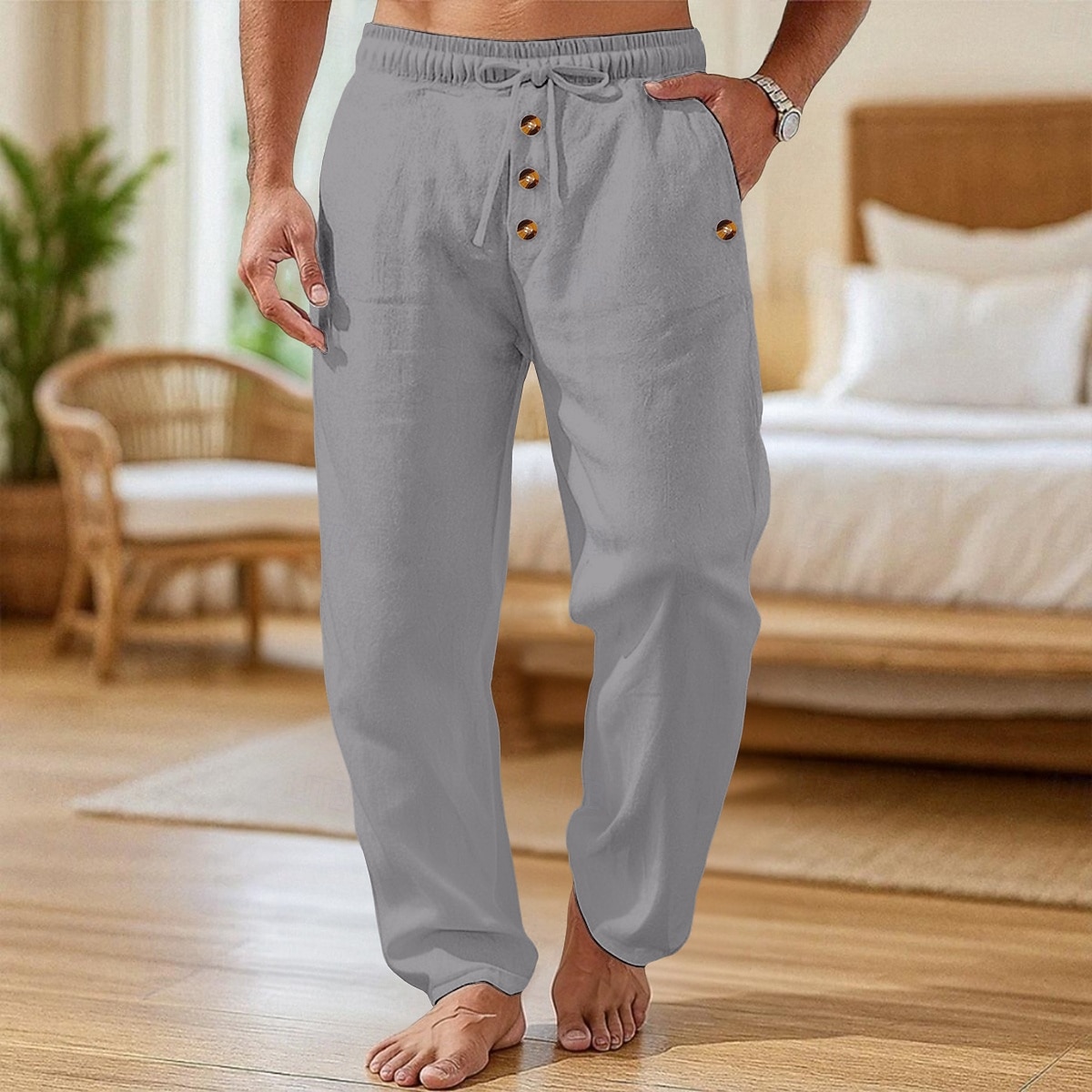 Men's Linen Pants Trousers Summer Pants Baggy Pants Beach Pants Drawstring Elastic Waist Buttons Plain Comfort Breathable Full Length Casual Daily Home Vacation Fashion Loose Fit Black White 2026 - $24.99 –P8