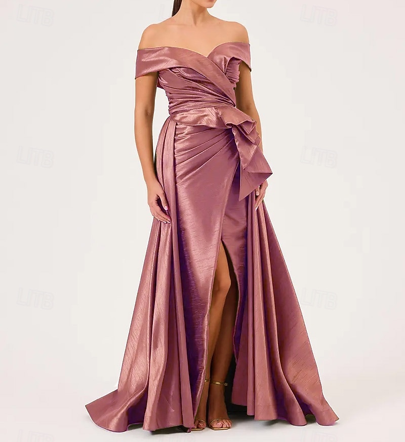 Abito da sera formale a linea A scollato con spalle scoperte taffetà elasticizzato stile celebrità abito formale matrimonio lungo fino al pavimento senza maniche con pieghe ruches e spacchi del 2025 a $159.99 –P8