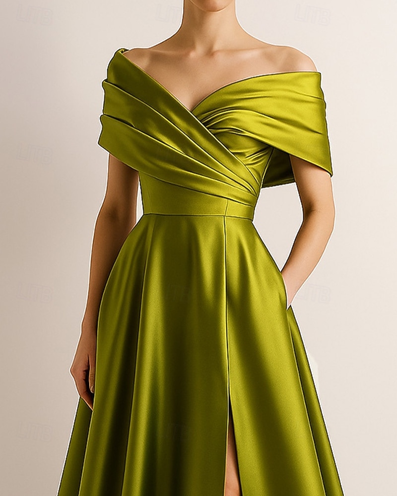 Ligne A Robe de Soirée Élégant Robe de soirée Formel Mariage Longueur au sol Sans manches Épaules Dénudées Satin Extensible avec Plis Froncé Fente 2025 de 2025 ? $154.99 –P2