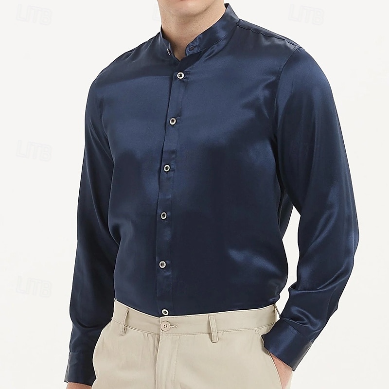 Per uomo Camicia Camicia con colletto alla coreana Come la seta Camicia in raso Camicia elegante Semplice Formale Matrimonio Nero Bianco Blu Grigio Manica Lunga Colletto Primavera & Autunno Tutte le del 2025 a $23.99 –P1